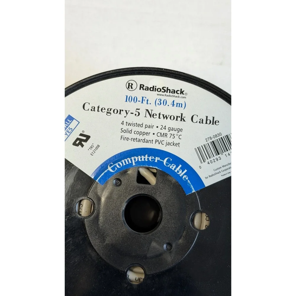 RadioShack 100ft Cat5 Network Cable 24AWG Solid Copper‎ CMR In-Wall 278-0830